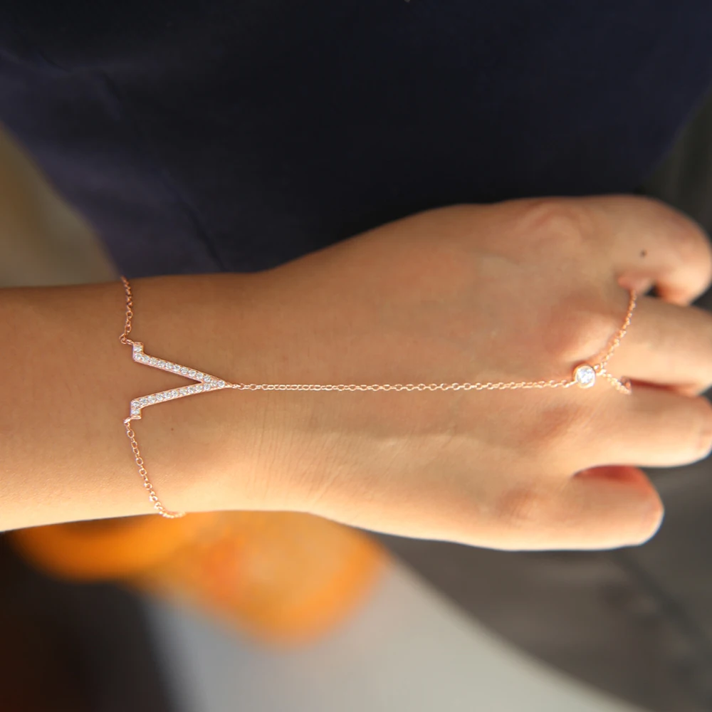 

100% 925 sterling silver factory V charm sparking micro pave clear cz link chain long hand bracelets slave bracelet