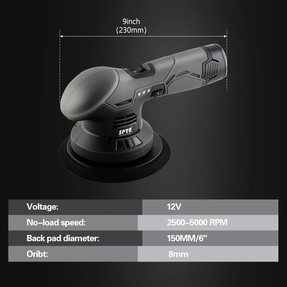 Car Polisher SPTA 12V Cordless Buffer Polisher 8mm Obrit DA Waxing Polisher with 2pcs 2.0Ah Battery Variable Speed Kit for Waxing