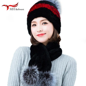 

Ms. Rex Rabbit Silver Fox Fur Ball Scarf Hat Set Winter New Real 100% Rabbit Fur Fashion Warm Out Must-have Combination Set Cap