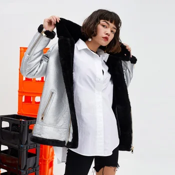 

Fashion silver warm lambswool lining pu leather jackets female Locomotive style thicker Windproof leather cotton jackets F605