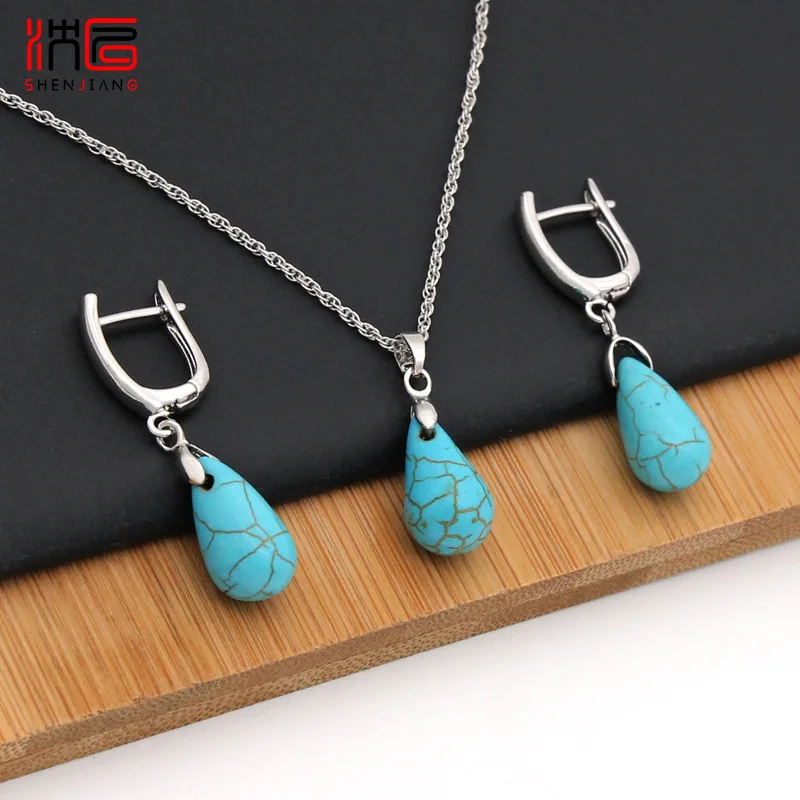 SHENJIANG Rose Gold Color Water Drop Synthetic Turquoises Dangle Earrings Jewelry Sets for Women Wedding Fashion Necklace