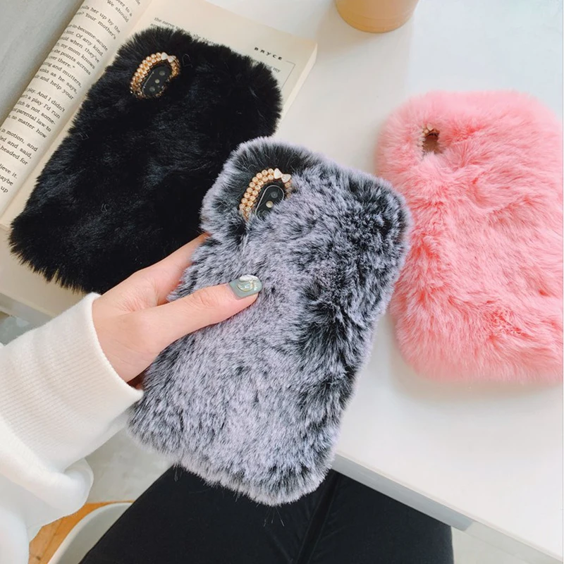 

3D Rabbit Fur Fluffy Warm Soft Wool Soft Phone Case For iPhone 6 6S 7 8 Plus Bling Diamond Cover For iPhone X XR XS Max 7 8 Plus