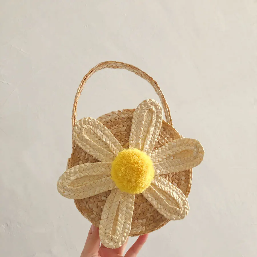 

Summer Mini Women Handbags Girls Straw Bag Boho Pom Pom Flower Round Straw Tote Beach Holiday Women Bags