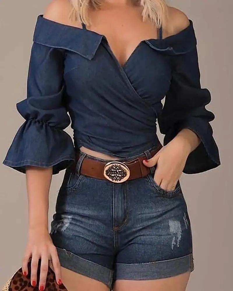 

2020 Women Autumn Spring Chic Elegant Solid Color Flared Sleeve Blouse Long Sleeve Off Shoulder