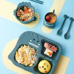 6Pcs Set Baby Cartoon Dinosaur Cute Tableware Children's Dinnerware Home Anti-hot Wheat Straw Training Plate Kids Feeding Dishes