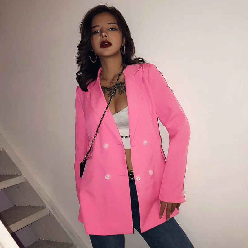 

European And American-Style Pink Suit Jacket Women's Autumn 2019 Hot Selling 92296 Button Polo Collar Solid Color-