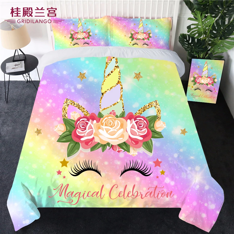 

Gold Sequin Unicorn Bedding Set Printed Rainbow Blue Duvet Cover Set Bedclothes 3pcs for Adults Kids Home Textiles Dropshipping