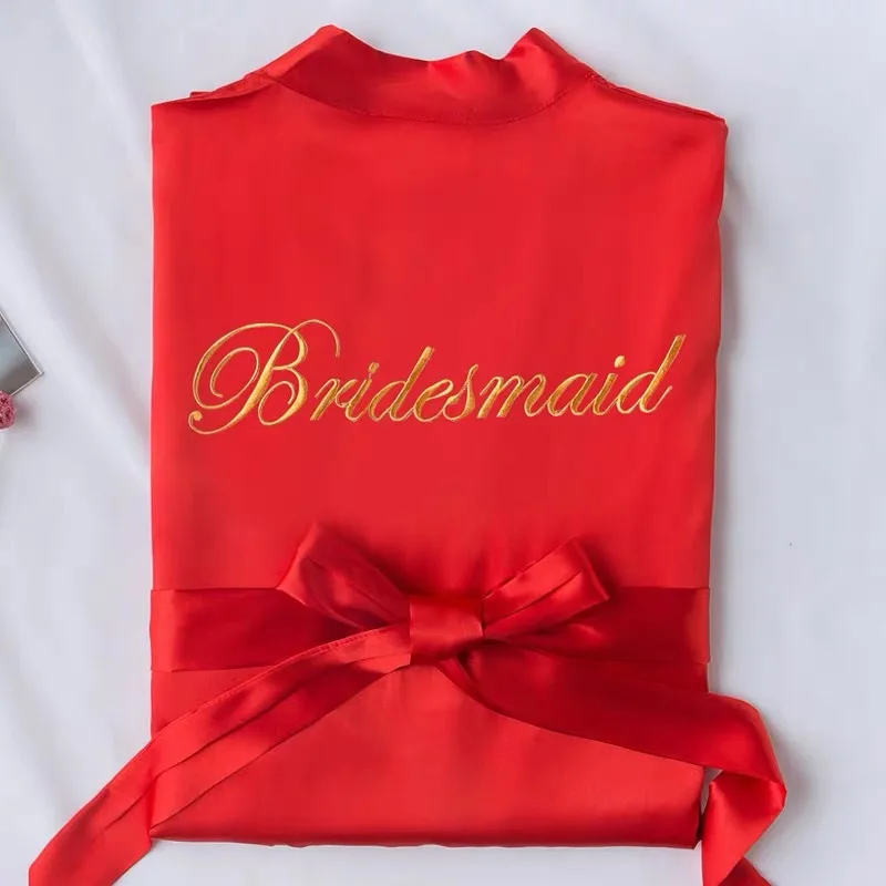 Satin Robes Women Bathrobe Embroidery Sleepwear Silk Kimono Wedding Robes for Bridesmaids and Bride Thin Nightrobe Morning Gown - Цвет: Bridesmaid Big Red
