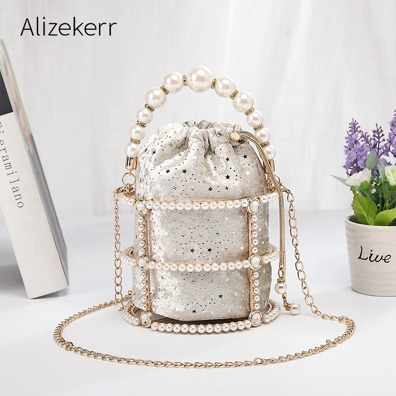 

Alloy Metallic Pearl Bucket Evening Bag Women 2019 Luxury Handmade Hollow Out Diamonds Beaded Dinner Handbag Ladies Clutch Bag