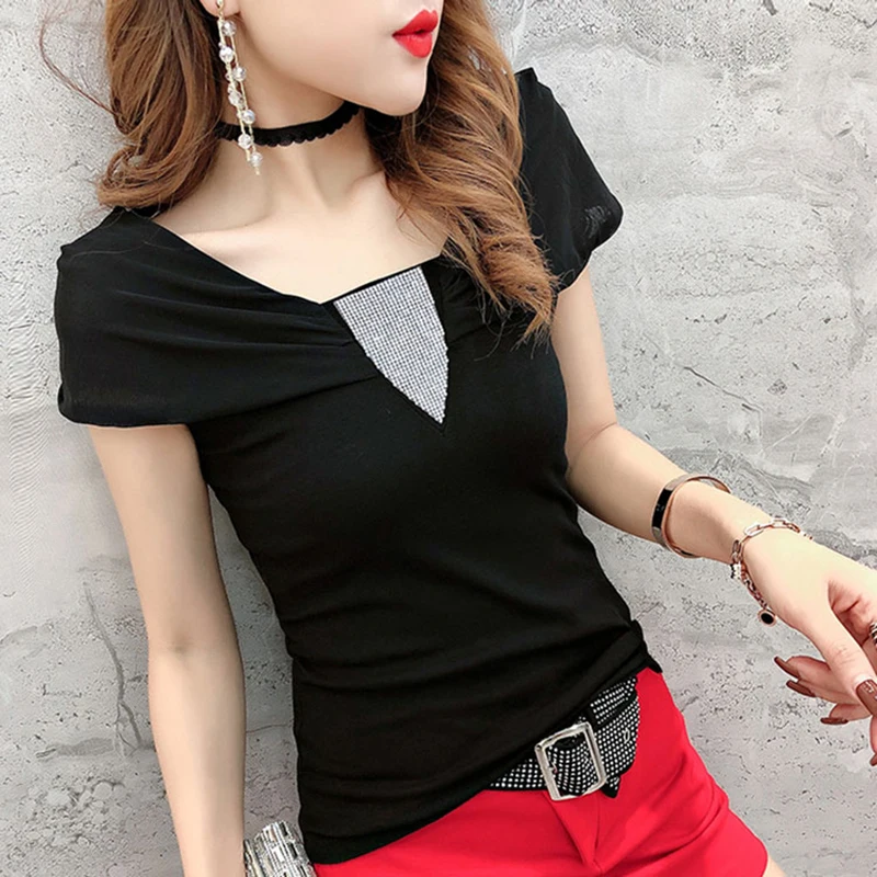 

Europe Summer Mesh Rhinestone T-Shirts Women Black Short Sleeve V-Neck Fashion Slim Tees Backless Street All Match Tops 2019