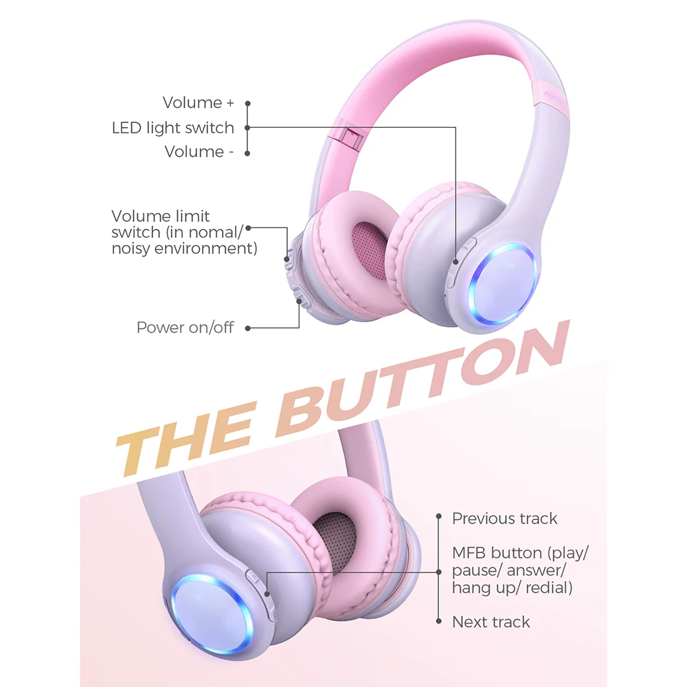 Mpow CH9 Kids Headphones Foldable Bluetooth Headphone With Mic LED Light 85dB Volume Limit Headset For Boys Girls Teens Children