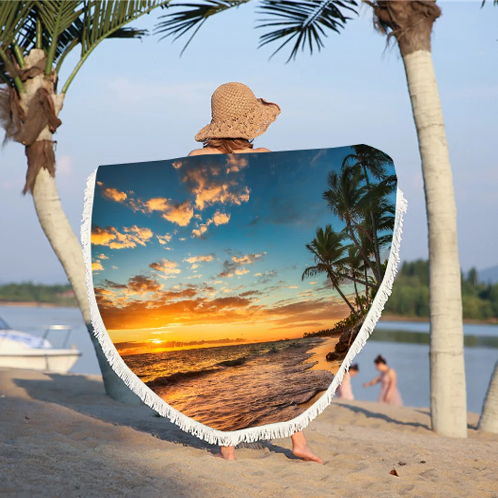 

2019 New Style Seaside Sun-resistant Beach Towel Circle Multi-functional Printed Webbing Tassels Beach Mat Seaside Shawl Bath To