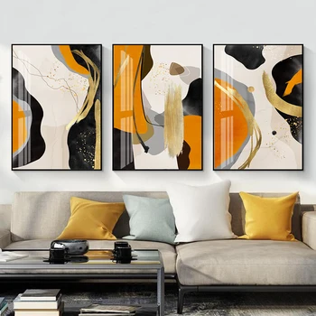 

Abstract Gold Brush Effect Marble Orange Geometry Canvas Painting Living Room Wall art Print Poster Home Decoration No Frame