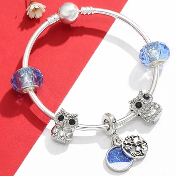 

TOGORY Cartoon Stitch Bruto Cute Cat Charm Bracelets Bangles With Fish Pendant DIY Brand Bracelet For Women Jewelry Gift