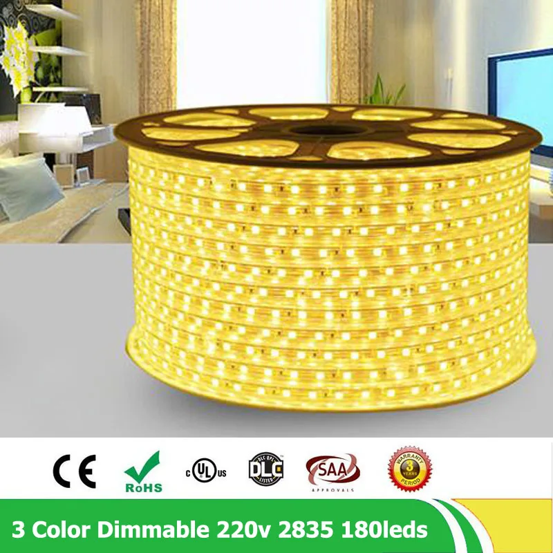 

20 м/лот 2835 SMD двухрядная 180led s/m 220V - 240V диммируемая гибкая светодиодная лента веревка свет теплый белый, естественный белый разъем
