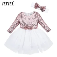 IEFiEL/Детские платья для девочек из сетчатой ткани блестящие расшитый блестками с длинными рукавом Подростковая вечерние и Свадебное Платье Vestidos Вечернее платье принцессы