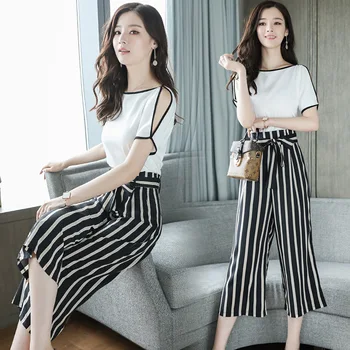 

Solid Color Striped to in Street Korean-style Versatile Loose Casual Fashion Slimming Slim Fit Pure Sweet 2019 nian Summer