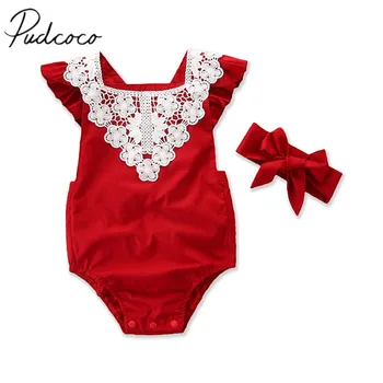 

2019 Brand New Newborn Toddler Baby Girl Romper 2PCS Short Petal Sleeve Lace Backless Elastic Waist Red Jumpsuits Headband 0-24M