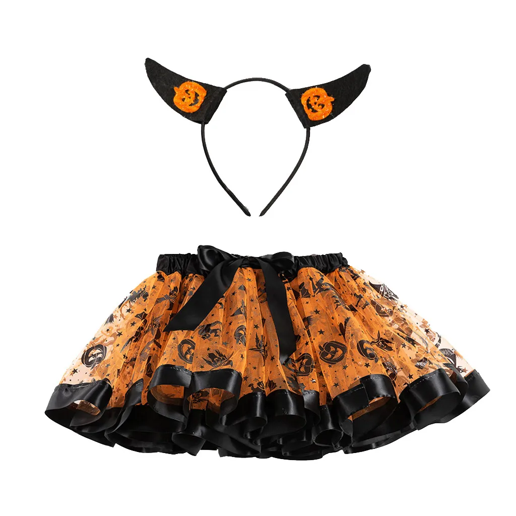 Детская модная юбка-пачка для девочек на Хэллоуин, повязка на голову, вечерние танцевальная бальная юбка для девочек, костюм с бантом для малышей, юбка, повязка на голову - Цвет: Оранжевый