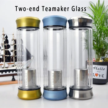 

New-Business Type Water Bottle Glass Bottle With Stainless Steel Tea Infuser Filter Double Wall Glass Sport Water Tumbler