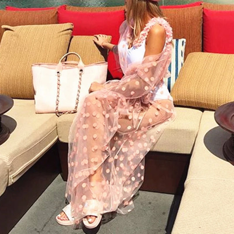Bikinx сетчатая накидка saida de praia розовый купальник в горошек накидка кимоно Летняя мода пляжное женское длинное пляжное платье туника