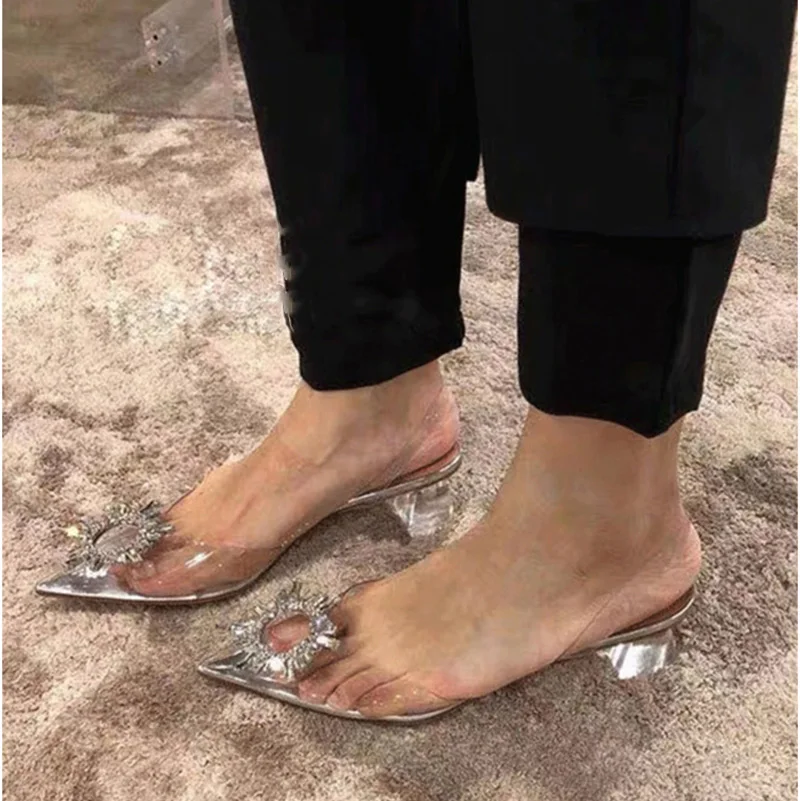 

[GOGD]Europe and the United States 2020 new summer wild net red pointed thick heel with sexy rhinestone transparent sandalswomen