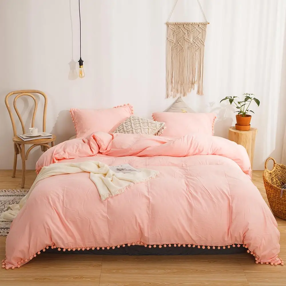 Серый светильник постельные принадлежности Pom пододеяльник набор шар бахрома домашний текстиль сплошной цвет постельные принадлежности наборы мягкое микрофибровое одеяло - Цвет: Peach