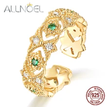 ALLNOEL 925 Sterling Silver Ring Vintage Emerald White Zircon Real Gold-plated Openwork Vingtage Design Wedding Engagement Ring