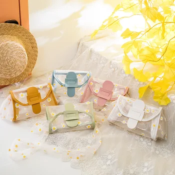 

Summer PVC Mesh Mini Bucket Bag For Women Handbag Small Daisies Printing Sling Shoulder Bag Transparent Ladies Beach Tote Pouch