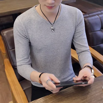 

2020 New Cotton Sweater Men Long Sleeve Pullovers Outwear Man V-Neck Sweaters Tops Loose Solid Fit Knitting Clothing