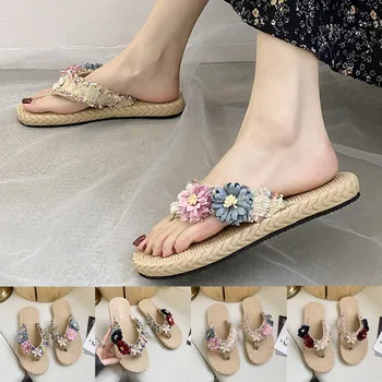 

Sumemr Flat with Cane Slippers Women's Summer Bohemian Clip Toe Flip Flops Non-Slip Flat Slippers Beach Shoes Buty Damskie #C3
