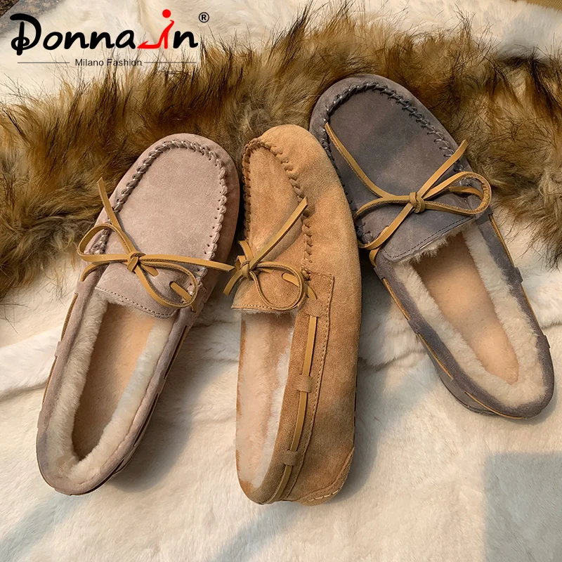 Donna-in/Новые слипоны; женская обувь на плоской подошве; коллекция года; Повседневная теплая зимняя обувь на натуральном меху; удобные кожаные мокасины с бантом-бабочкой для женщин