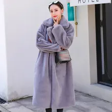 Зимнее женское высококачественное пальто из искусственного кроличьего меха, роскошное длинное меховое пальто, свободное пальто с отворотом, толстое теплое женское плюшевое пальто больших размеров