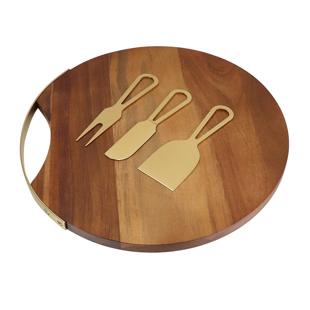 12" Large Magnetic Cheese Board Set Charcuterie Kitchen and Wine Gifts Wood Platter and Gold Color Knife Fork Serving Spatula