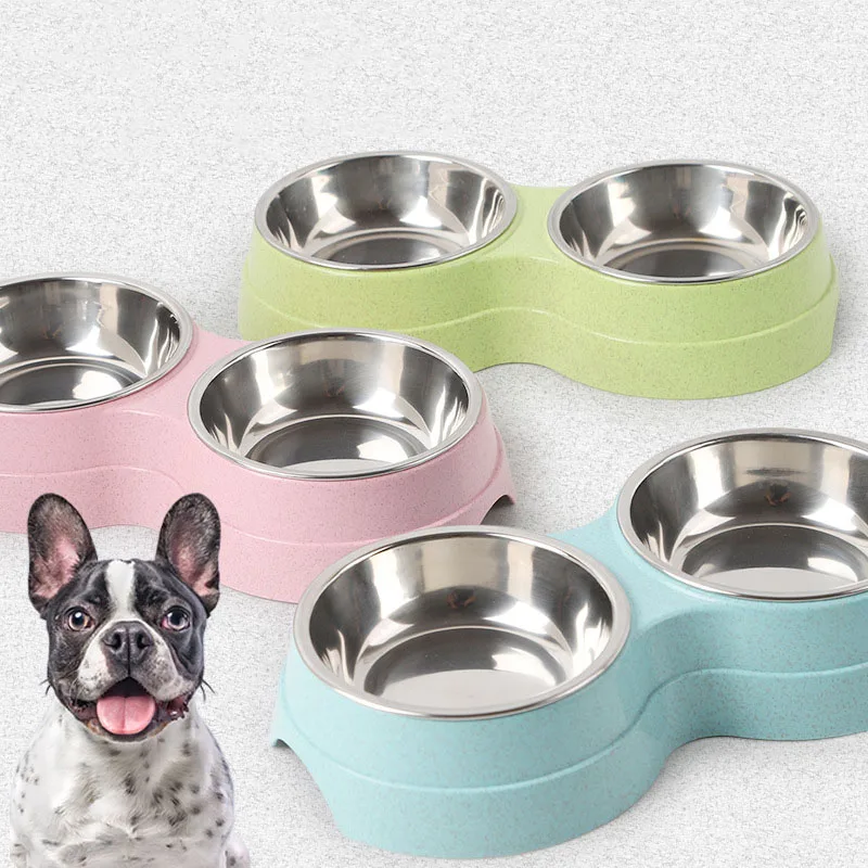 Cuencos antideslizantes para dos mascotas, alimentador de agua para comida del hogar, suministros de alimentación para gatos y cachorros, accesorios para perros de acero inoxidable