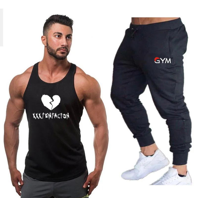 

2019 Summer XXXTentacion Men Vest+Men's Trousers Two-Piece Gyms Clothing Cotton Tank Top Men's Fitness Sleeveless Tops Set Suit