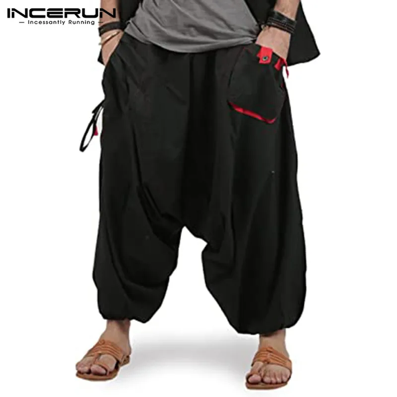 Men Harem Pants Solid Color Joggers Streetwear Elastic Waist Loose Drop Crotch Trousers Men Pockets Fashion Pants INCERUN S-5XL men pants