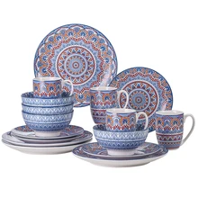 VANCASSO 16/32/48-Piece Bohemian Mandala Patterned Turquoise Porcelain Tableware Set with Dinner Plate,Dessert Plate,Bowl,Mug