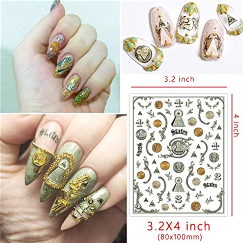  12 Sheets Money Dollar Nail Art Stickers 3D Gold Nail