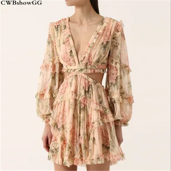 

Autumn Women Floral Print V-neck Lantern Sleeve High Waist Holiday Beach Dress Fashion Backless Hollow Out Mini Dress