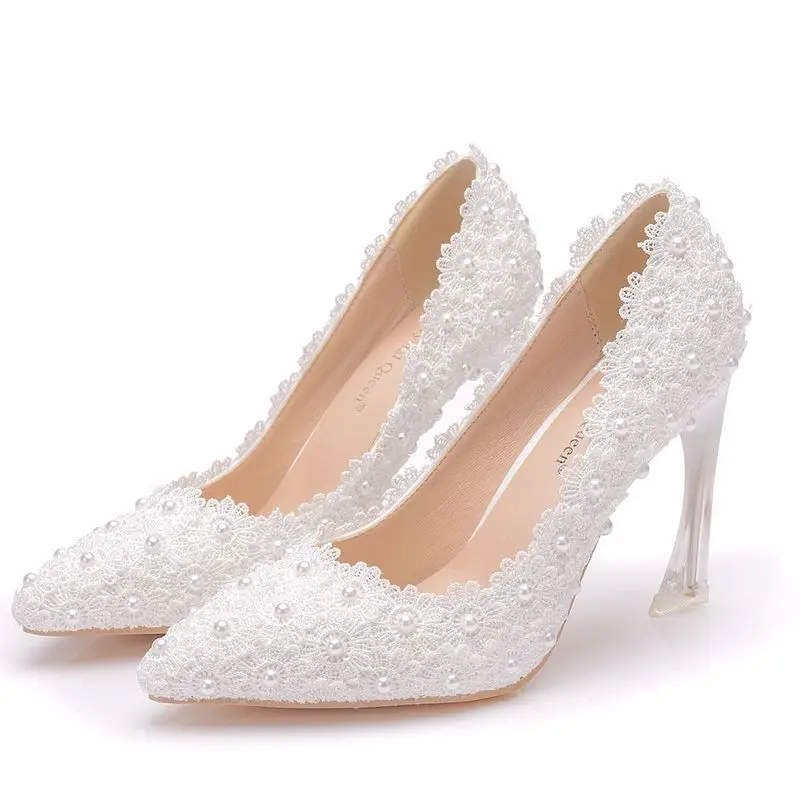 Fashion women thin high heels sexy party shoes women pumps wedding banquet Lace PU Rhinestones Slip On 9.5CM Pointed Toe white