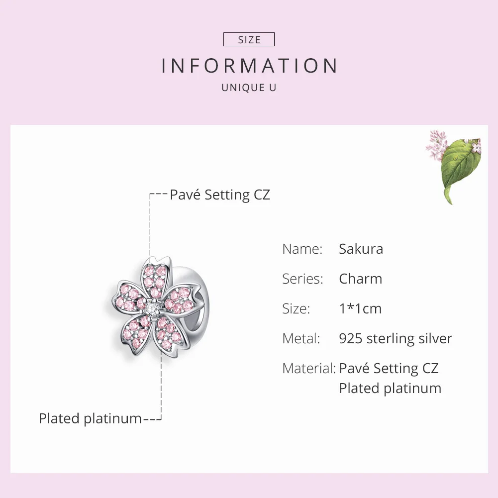 Bamoer розовый цветок вишни Шарм пробки для женщин 925 пробы серебряный браслет с шармами и браслет европейские ювелирные изделия SCC1291
