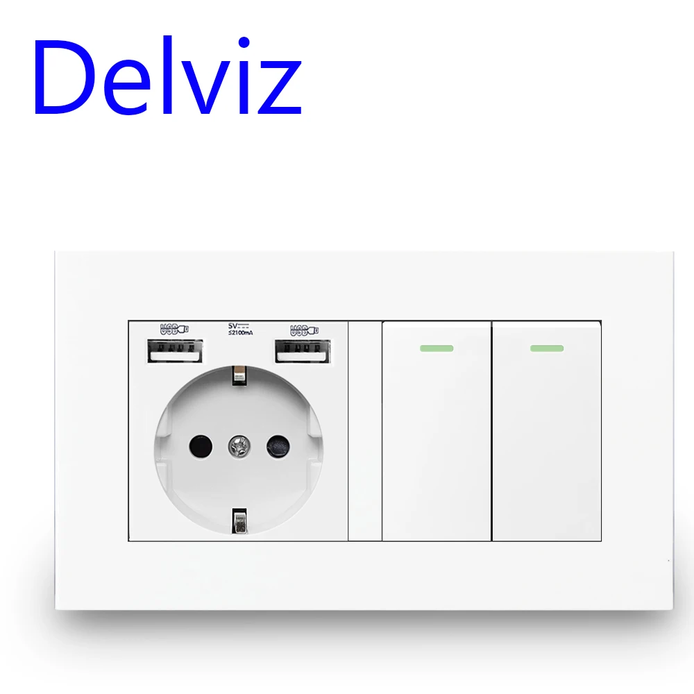Delviz Tomada de Interruptor Padrão da ue 16a Interruptor de Luz Gang Way Way Painel Quadro Duplo Branco Parede Incorporado Usb Tomada de Energia