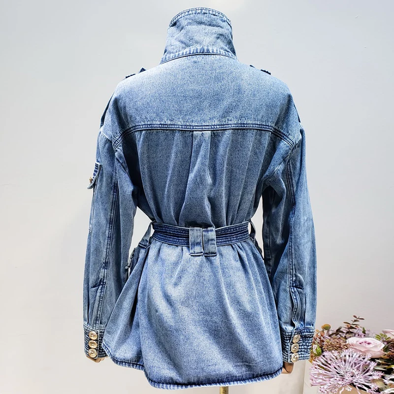 Высококачественная Новая мода Дизайнерская куртка Женская полосный пояс рельефная джинсовая куртка с пуговицами льва