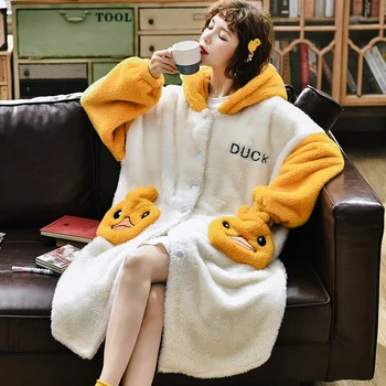 

New Arrived Cartoon Duck Women Robe Kimono Bathrobe Nightgown Soft Warm Long Sleeve Women Hooded Sleepwear Bath Night Dress Gown