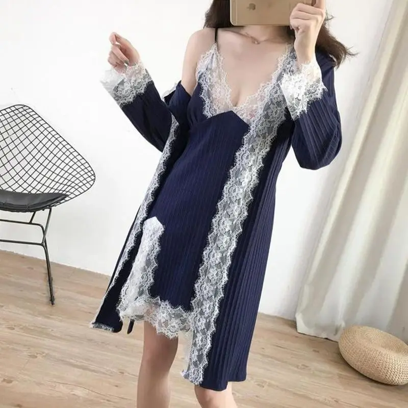 

New Pajamas Women Robe Set Elegant Lace Nightdress 2 PCS Sleepwear Negligee Long Sleeve Solid Pajamas Suit Lingerie