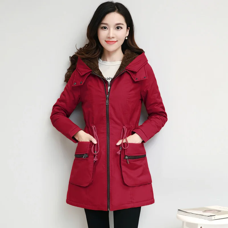 

2019 Winter New Style plus Velvet Warm Cotton-padded Clothes Women's Drawstring Waist Hugging Slim Fit Slimming Large Size Fashi