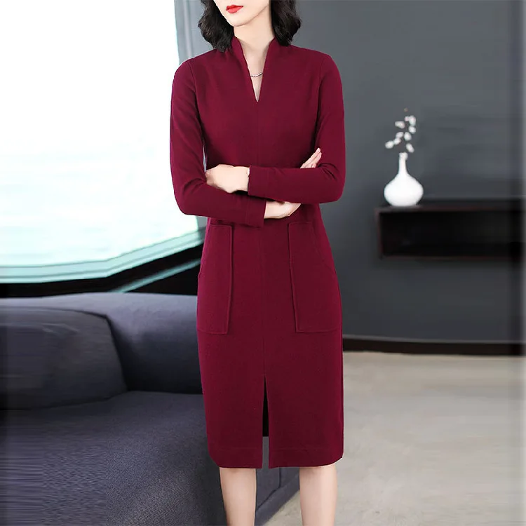 

2019 Autumn And Winter New Style Elegant WOMEN'S Dress Pullover Sweater Dress V-neck Base Skirt Mid-length over-the-Knee Jersey