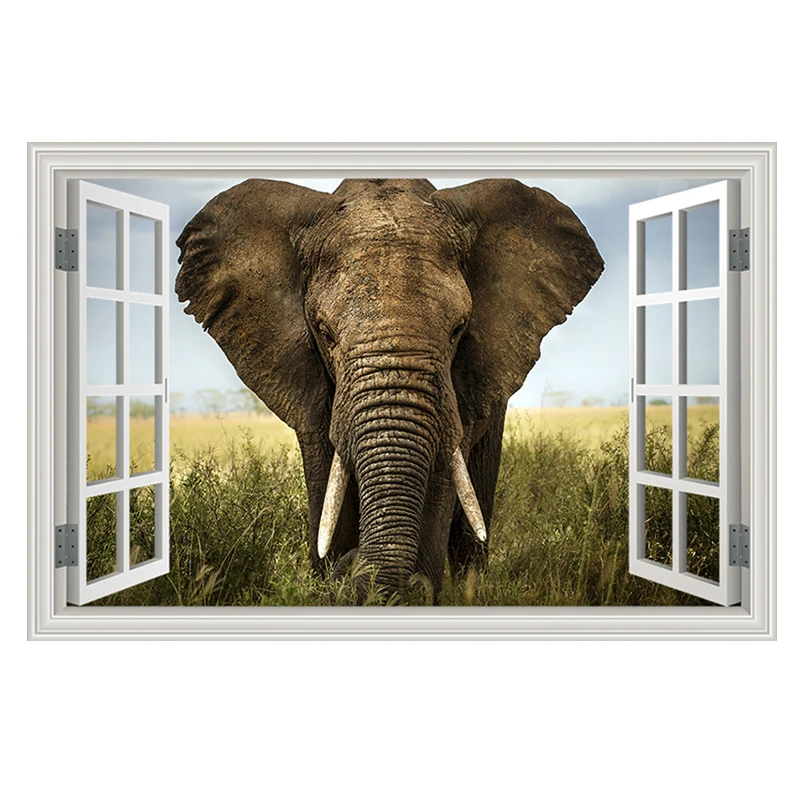 Window Frame Wall Decal Elephant African Bush Safari 3D View Vinyl Sticker Art Mural Peel and Stickers Room Decor | Дом и сад