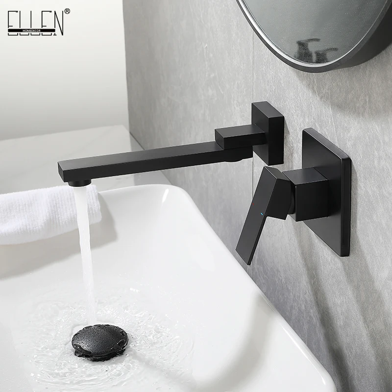 

ELLEN Wall Mount Bathroom Sink Faucet Mixer Crane Hot Cold Water Tap 2 Holes Rotate Spout Black Chrome EL1499